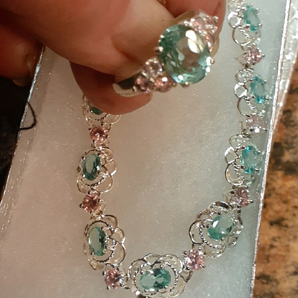 Vintage 925 pink/green gemstone bracelet and ring